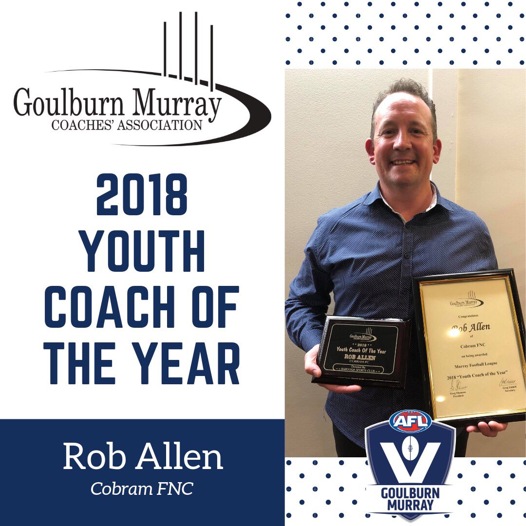 Congratulations to #gmca Youth Coach of the Year Rob Allen from <a href="/CobramFNC/">Cobram FNC</a> #coachoftheyear @aflvictoria