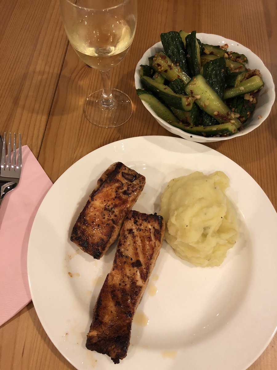 ChinaEating's tweet photo. Rare night in - salmon and mash, and chilli cucumbers https://t.co/wtlLsBkoIf