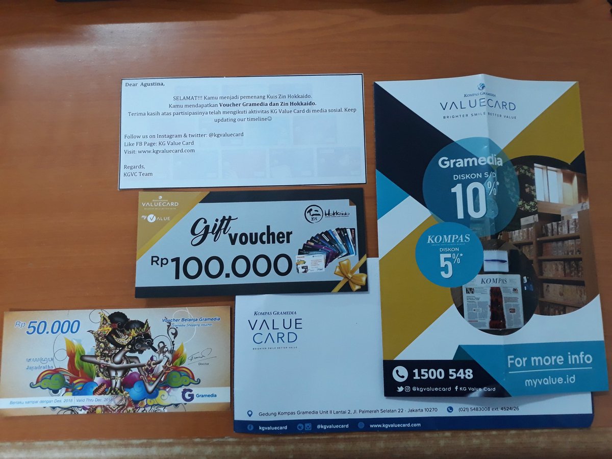 <a href="/KGValueCard/">KG Value Card</a> Selamat sore <a href="/KGValueCard/">KG Value Card</a> 

Sekali terima kasih atas vouchernya,
Voucher makan Zin Hokkaido 100k dan voucher Gramedia 50k telah saya terima pada hari kemarin.

Vouchernya sangat bermanfaat sekali 😉

Sukses selalu Kompas Gramedia Value Card 😊