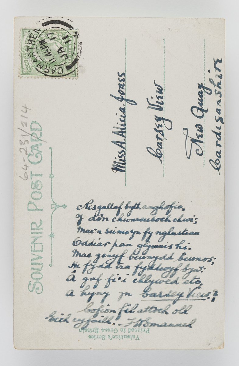 archifSFarchive's tweet photo. Welsh poem on the back of a postcard sent from Carmarthen in 1911. The sender compliments his friend on the unforgettable melody that she played during his visit to her home in Carsey View, New Quay, and hopes to enjoy the same in her company again. #NationalPoetryDay https://t.co/De2zHGbnK9