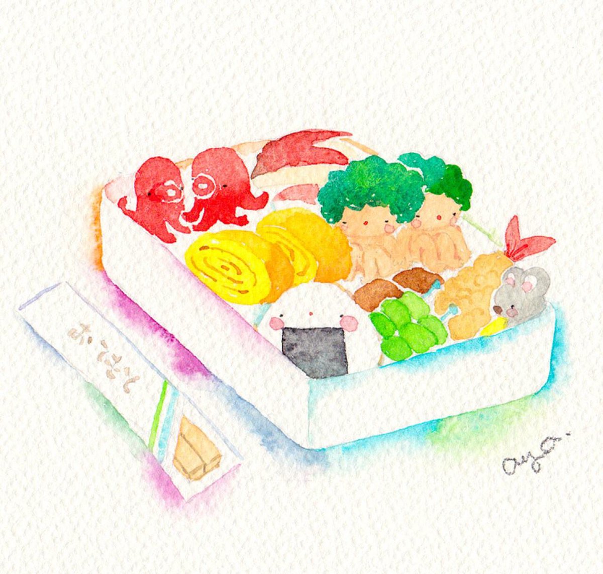 こばやしあや Ar Twitter 秋の行楽のおともといえば お弁当 絵 水彩画 絵 水彩 透明水彩 イラスト Drawing Illustration Watercolor Art お弁当 行楽 秋 Autumn タコさんウィンナー エビフライ 卵焼き ブロッコリー うさぎりんご