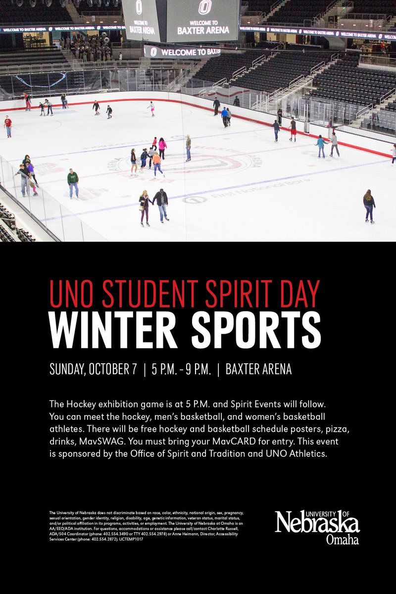 UNO students - come to the <a href="/OmahaHKY/">Omaha Hockey</a> exhibition game Sun. Oct. 7th <a href="/BaxterArena/">Baxter Arena</a> starting at 5pm.  Stick around after for @UNOspiritTrad Winter Sports Spirit Day until 9pm.
<a href="/UNOmavmaniacs/">UNO Maverick Maniacs</a> <a href="/MavActivities/">Office of Student Involvement</a> @cheer_uno <a href="/Omaha/">Omaha</a> @UNOdanceteam @UNOIFC <a href="/UNO_CPC/">UNO Panhellenic</a> <a href="/SGUNO/">UNO Student Government</a> <a href="/MavPro/">Maverick Productions</a> @UNO <a href="/UNO_DM/">UNO Dance Marathon</a>
