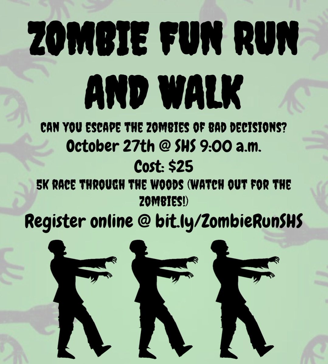 SADDChapter's tweet image. Can you survive the zombies? Come out and have fun at the Zombie Fun Run and Walk! Register here: bit.ly/ZombieRunSHS