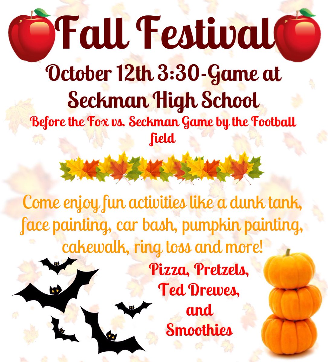 SADDChapter's tweet image. Come out and have fun at the Fall Festival before the Fox vs. Seckman game at SHS!! There will be a dunk tank, face painting, car bash, and more!