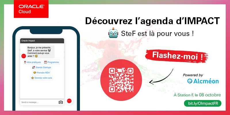 Pour l'événement #OracleImpactFR, le 8 oct, nous vous avons mis SteF 🤖 à votre service. Grâce à lui, vous saurez :

🚗 Comment venir à Station F
🗓️ L'agenda complet !
🤝 Prendre RDV avec un(e) expert(e) !
Mais pas que ...

🤖 Parlez-lui: impact.oraclestartups.tech
