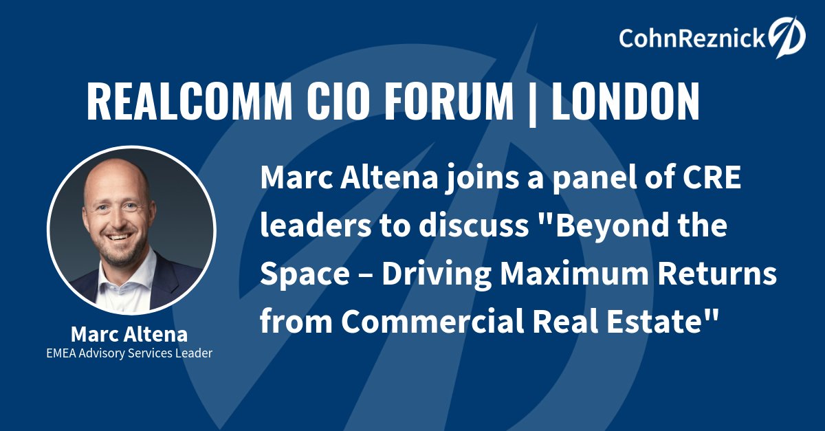 CohnReznick's tweet photo. The #CohnReznickAdvisory #EMEA team is proud to sponsor today’s #Realcomm18 #CIO London forum. Looking forward to reconnecting with our @REALCOMMtweet family to discuss how leading #CRE firms leverage #technology to drive additional value from traditional assets. https://t.co/6gVBuyImes