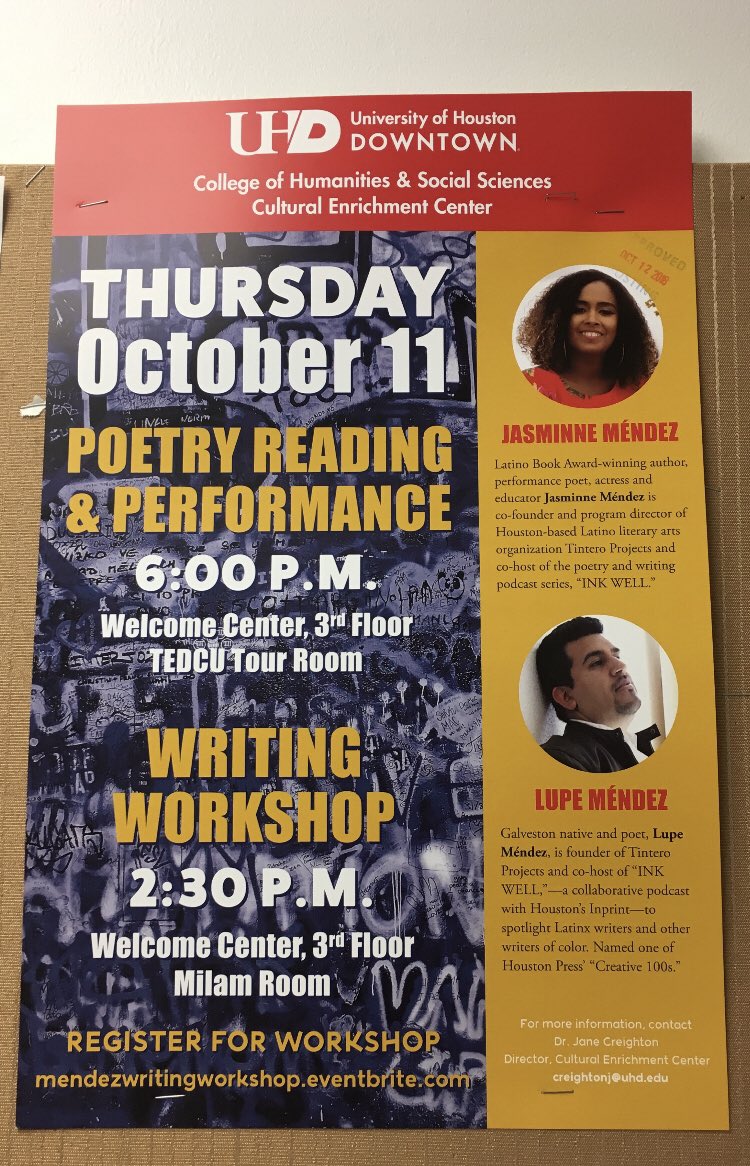 thepoetmendez's tweet image. #ICYMI - @jasminnemendez and I do reading and writing workshops. TOGETHER. Like we organize them to showcase other writers, but then occasionally we get asked to share our work. TOGETHER.  Thanks to @danimalpena and #JaneCrighton for making this happen at @uhdowntown!! 10/11 -