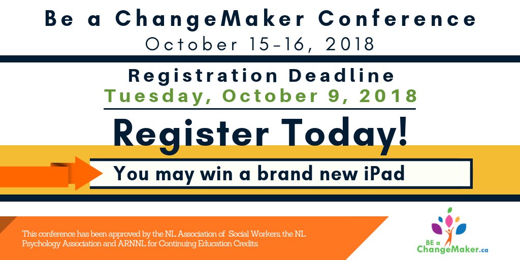 <a href="/BChangeMaker/">Be A ChangeMaker</a> Conference registration deadline is Tuesday, October 9, 2018. We are days away from this exciting event! Hurry up &amp; get your tickets! #dyk you have the chance to win a brand new iPad if you register?tinyurl.com/ChangeMakerCon…