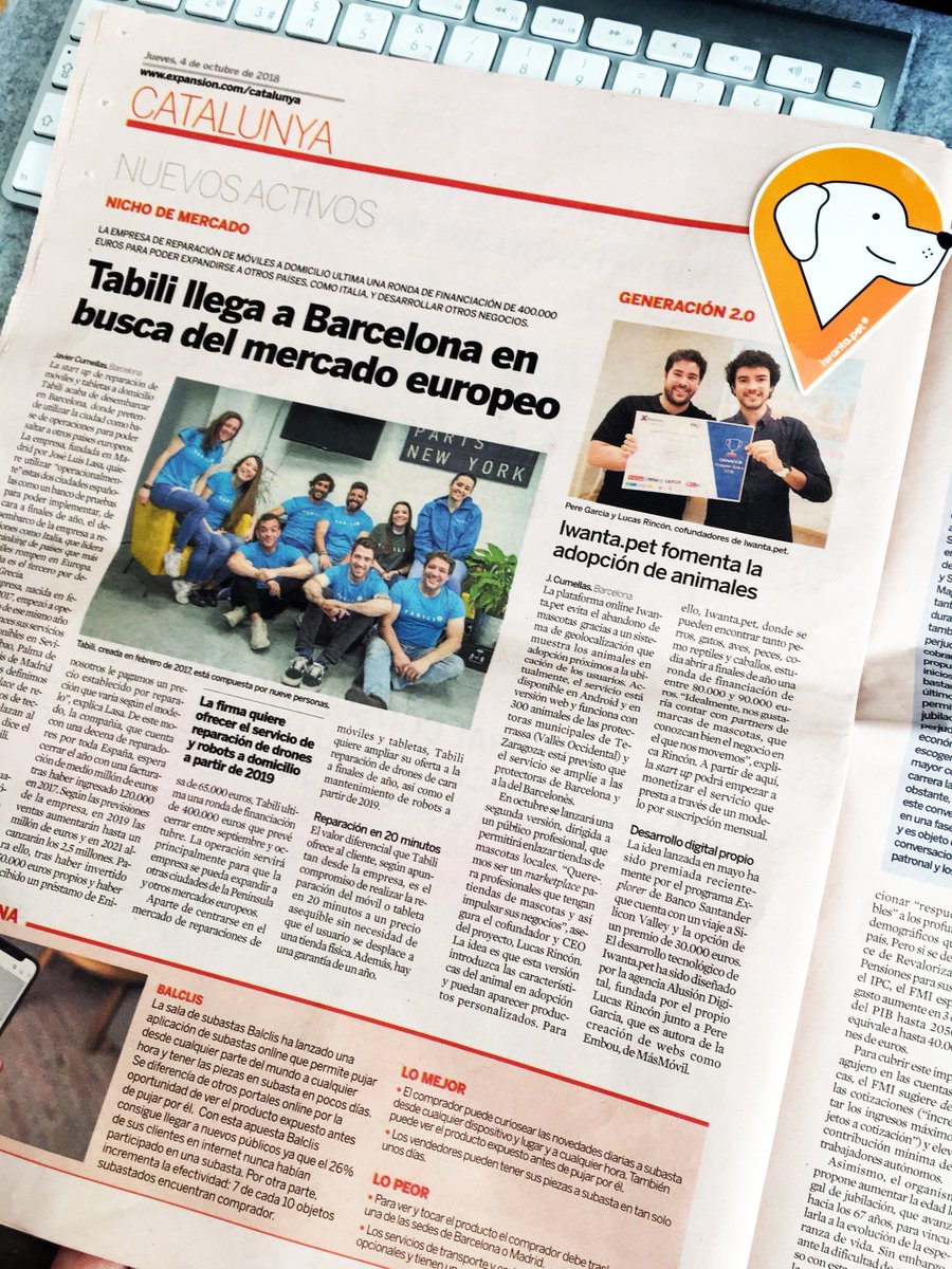 iwantapet_app's tweet photo. 📰 Hoy salimos en la edición impresa de #Cataluña del Diario @expansioncom explicando nuestro proyecto y las metas que tenemos en los próximos meses.
.
📷 Recibiendo el premio local del Programa @ExplorerByX @emprendecise @bancosantander
.
👉 https://t.co/MzNQpA5rU3 https://t.co/DERZejhTGW