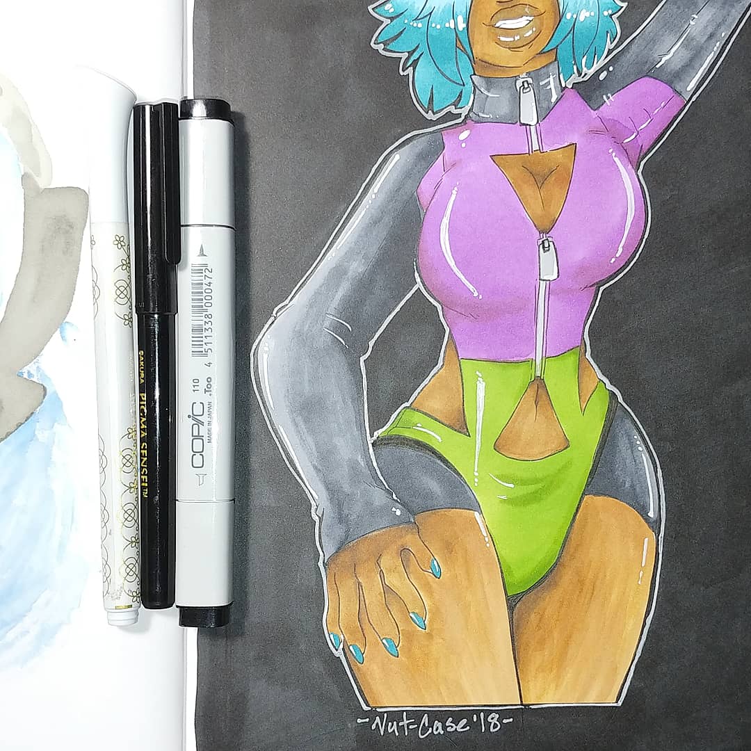 nutcaseart's tweet image. Day 4 for #inktober2018 
Futuristic swimsuit. Not the biggest fan of it but I finished it.
And ashleyintheam on Instagram, pastle monster Cyclops. 
#denik #inktober #copics