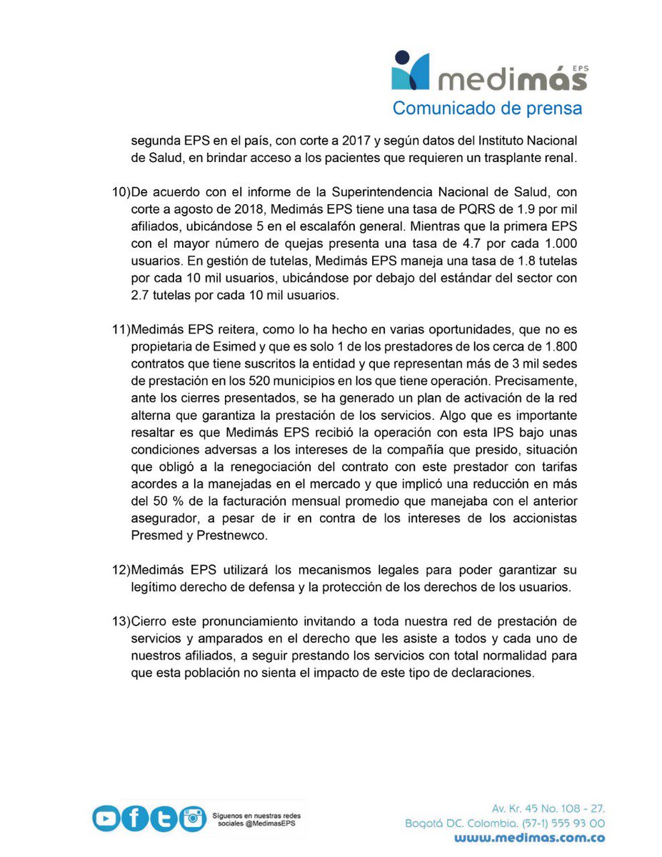 MedimasEPS's tweet photo. Frente al anuncio hecho por el Procurador General de la Nación y la agente liquidadora de Saludcoop, Medimás EPS entrega un parte de tranquilidad a la población afiliada y se permite informar que: https://t.co/9jlx9oUdcm