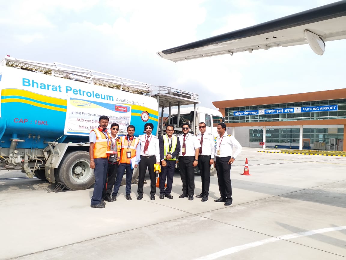 BPCLimited's tweet photo. @BPCLimited refuels the maiden commercial flight of Spicejet at one of the most scenic airport in the world- Pakyong in Sikkim. Great to be part of Indian Aviation success story. https://t.co/Ec9Iq76eOF