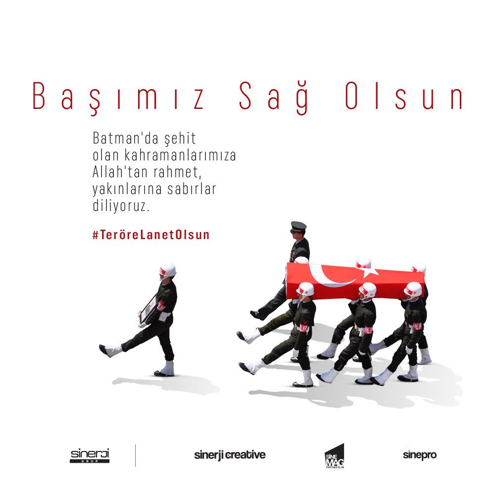 sinerjicreative's tweet photo. Batman’ın Hasankeyf ilçesinde şehit olan 7 askerimize Allah'tan rahmet, yaralanan askerlerimize de acil şifalar diliyoruz. #TeröreLanetOlsun #ŞehitlerÖlmez #SinerjiGrup #SinerjiCreative #Sinemag #Sinepro #Bursa https://t.co/xe1WArDHk7