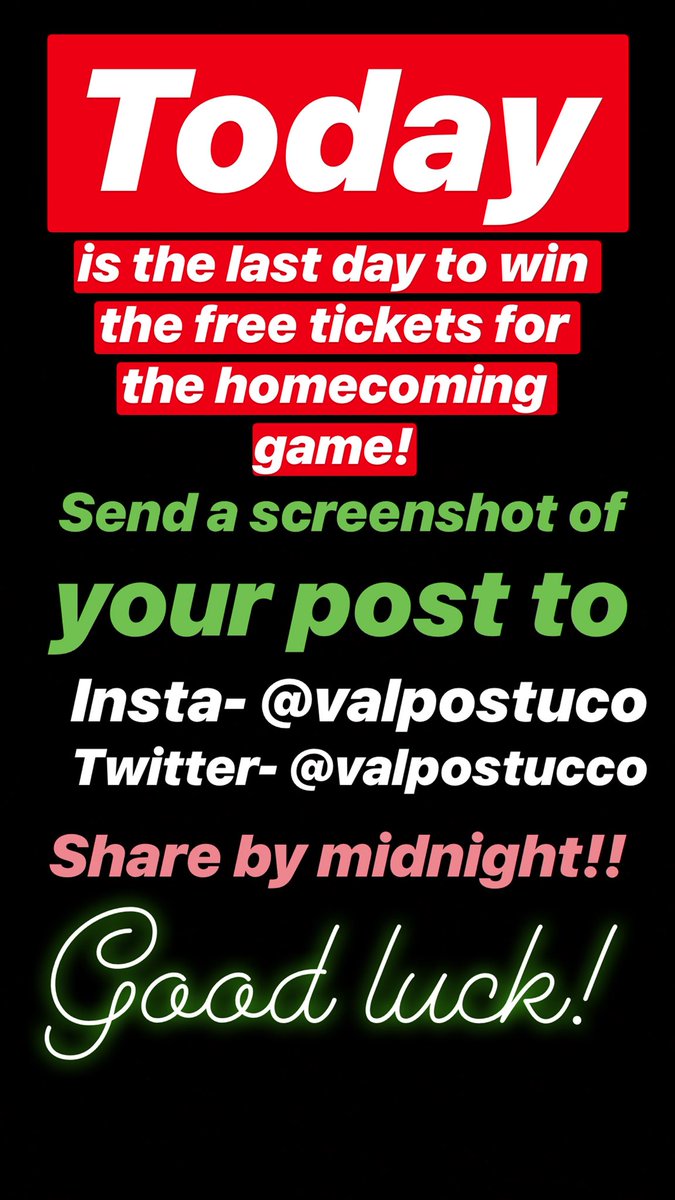 valpostucco's tweet photo. Today is the last day to win free Homecoming Game tickets!! Don’t miss out!! Share this information!! https://t.co/YgYFm6H0bk
