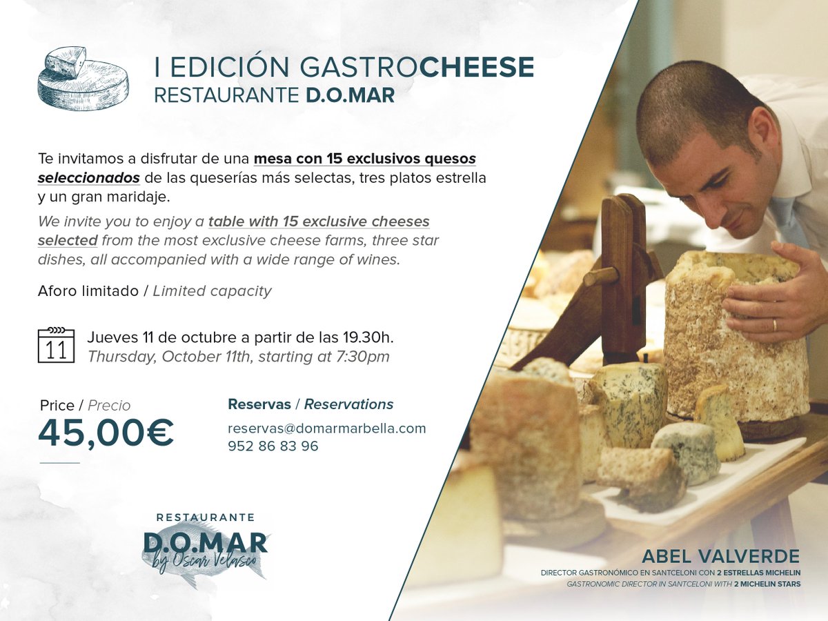 domarmarbella's tweet photo. I Edición #GastroCheese en el Restaurante D.O.MAR
Te invitamos a disfrutar de una mesa con 15 exclusivos #quesos seleccionados de las queserías más selectas, tres platos estrella y un gran maridaje. ¡A qué esperas! 
#gastronomía  #RestauranteMarbella https://t.co/izuBwzMjaO