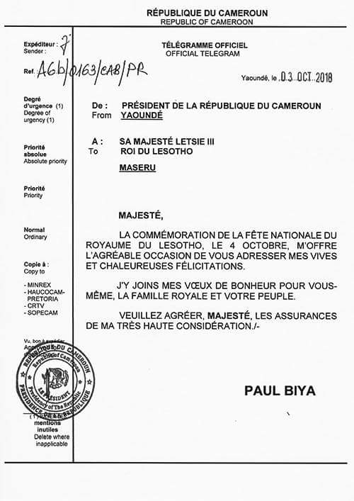 Mes vœux de bonheur à Sa Majesté Letsie III, à l'occasion de la fête nationale du Royaume du #Lesotho.

#PaulBiya 
#Cameroun