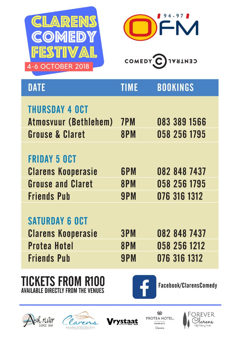 ClarensComedy's tweet photo. Final Lineups !! And booking details .. 
#MytimeInClarens
#LaughEatSleepRepeat 
@ClarensTourism 
@OFM9497 https://t.co/QaYjppWoQH