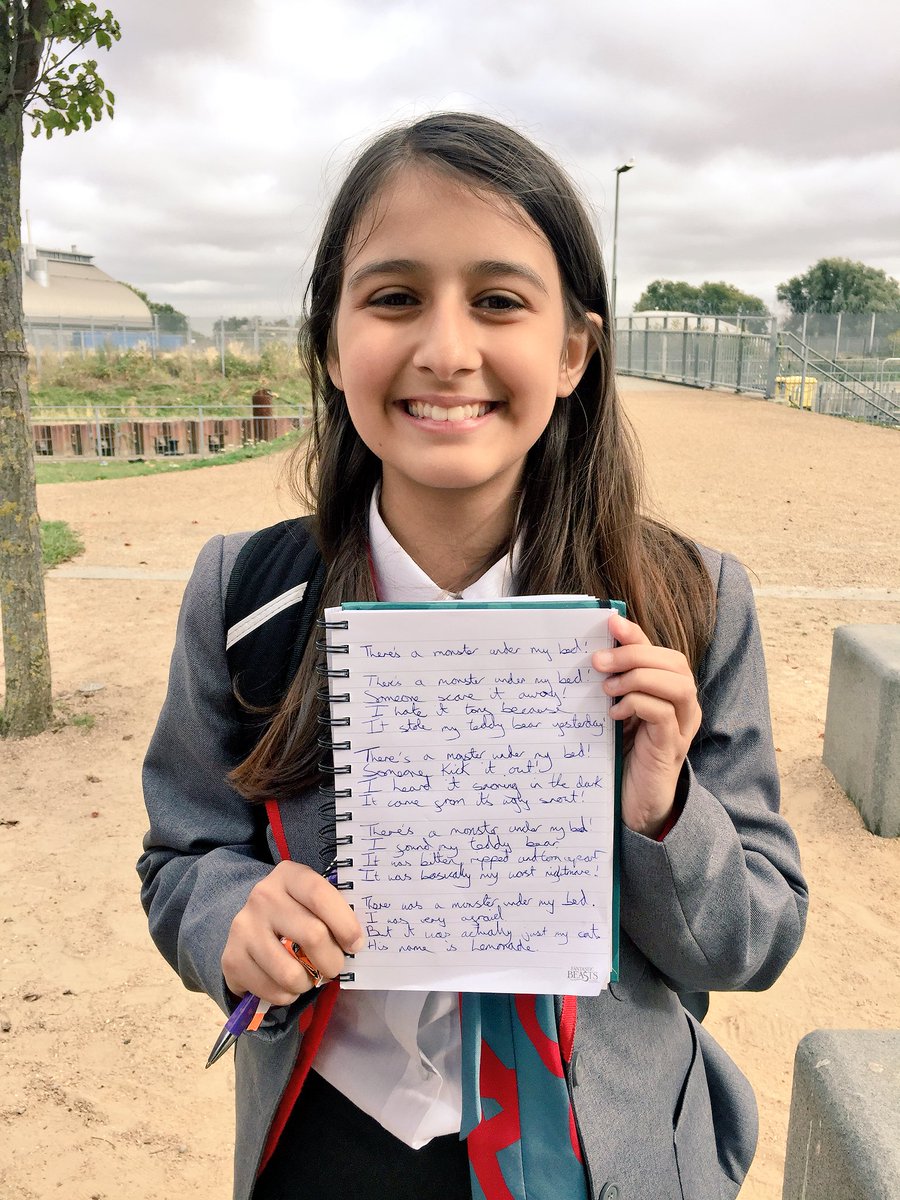 MsPatelPhysics's tweet photo. Hannah, year 7, just did a reading of her original poem “There’s a monster under my bed” for everyone on the playground - well done! 🎉 #NationalPoetryDay https://t.co/8u1eW6xW8P