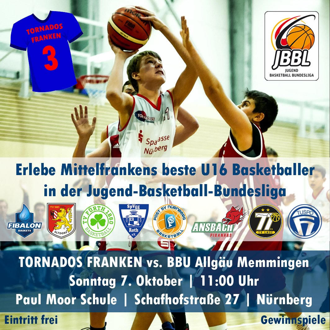 TornadosFranken's tweet photo. #countdownläuft: Noch 3 Tage bis zum ersten Bundesligaspiel!
Mittelfrankens beste U 16 Basketballer freuen sich auf deine Unterstützung!

#endlichjbbl #tornadosfranken #oneteam @rock.resnik #jugendleistungsbasketball @metropolregionnuernberg #jbblwirkommen @dieNBBL https://t.co/M0Vw3Dml59