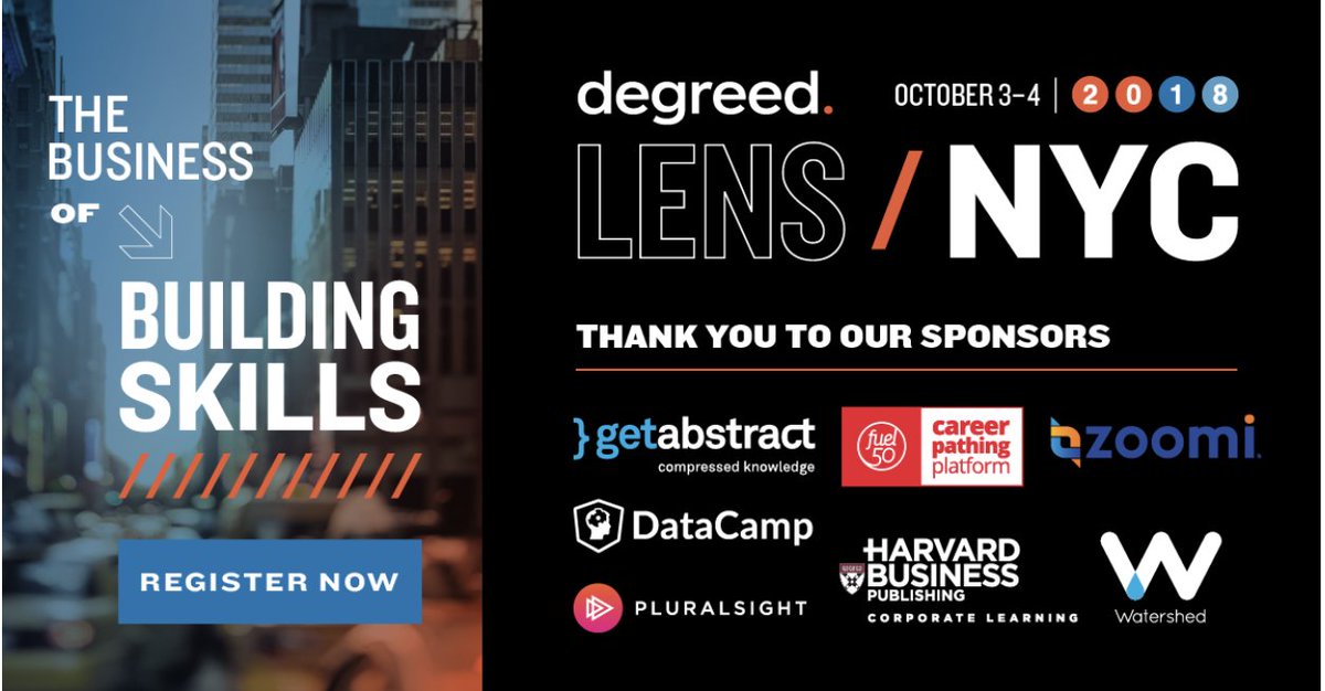 degreed's tweet photo. #DegreedLENS wouldn't be possible without our incredible sponsors! Thank you to @HBPCorpLearning, @pluralsight, @datacamp, @getabstract, @fuel50pathing, @zoomi_ai, and @watershedLRS https://t.co/S5WPkLmeII
