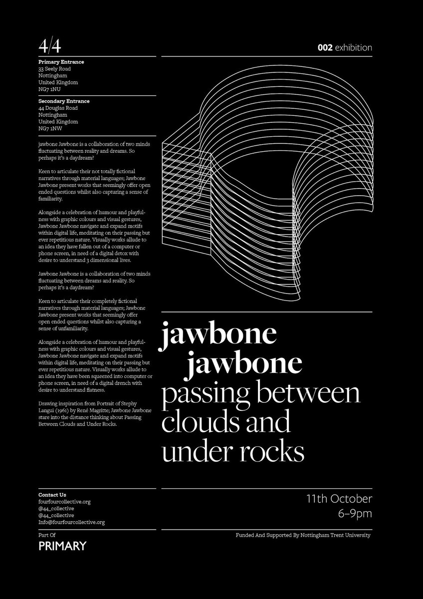 44_collective's tweet photo. Get yourself down to 4/4 next Thursday 6–9pm for the opening of Jawbone Jawbone—Passing Between Clouds and Under Rocks. https://t.co/PnWo8Mzp9C