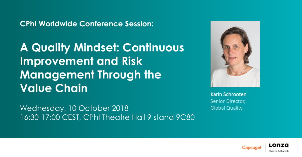 CapsugelNews's tweet photo. Next week @CPhIWW join #Capsugel's Karin Schrooten for a presentation on our dedication to quality through continuous improvement and risk management #CPhIWW #pharma #capsules @LonzaGroup @LonzaPB https://t.co/4ydv7yV3ve https://t.co/gGdpE1aYRN