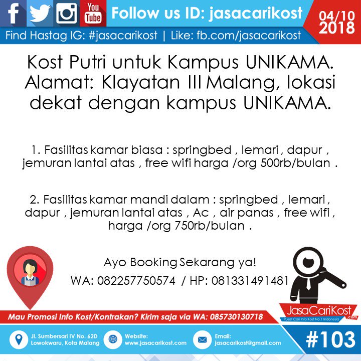HasTag: #jasacarikost #infokost #infokostmalang #mahasiswaum #anakkost #kampusmalang #infokontrakan #infokos #infoUB #malang #kostputri #putrimalang #kostcewek #latepost #kostputra #putramalang #kostcowok #mahasiswamalang #infomalang