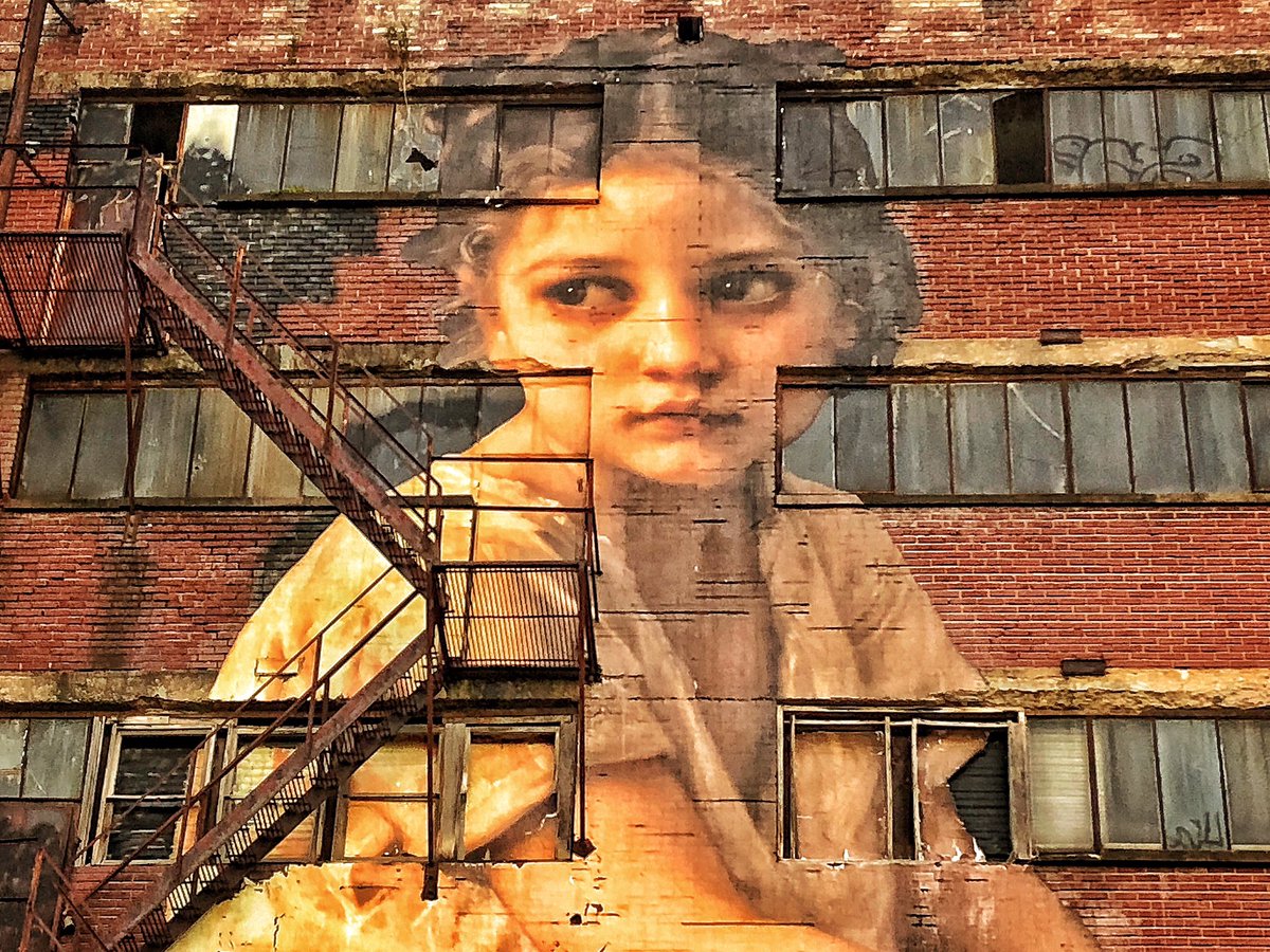 MemphoNewsLady's tweet photo. The 20 @BrooksMuseum @Outingsproject murals are characters from actual #brooksmuseum art.

The Crump mural is Bouguereau’s 1886 “At the Foot of the Cliff” painting.

French artist Julien de Casabianca recently spent 2 weeks installing the #outings_project murals across #Memphis. https://t.co/lGbso2biY7