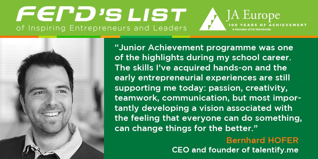 Next week, we'll celebrate <a href="/bhofer/">Bernhard Hofer</a>  as one of the 6 honourees to #FERDsLIST ! Bernhard started is entrepreneurial journey with <a href="/JuniorAustria/">JA Austria</a> and founded later <a href="/talentify_me/">talentify.me</a> . We can't wait to meet this young  #social #entrepreneur 
👉ferdslist.org/celebration-fe…