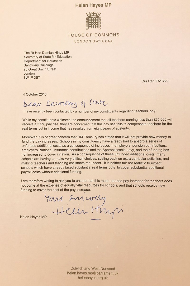 helenhayes_'s tweet photo. Our schools shouldn’t have to cover a much-needed pay increase for teachers from their already-stretched budgets. I’ve written to the Secretary of State for Education on behalf of schools & teachers in my constituency asking him to fund the pay increase for teachers #AskDamian https://t.co/d4H07pqCO1