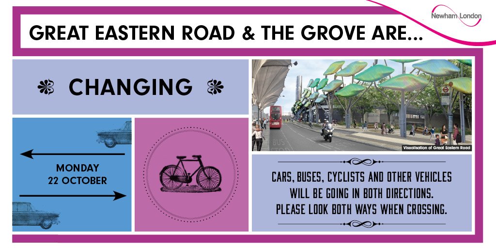 22 October is the day
Stratford traffic goes two-way
Buses, vans, bikes, cars
Travelling near or heading far
It’s go go go in both directions
So stop, think, make the connection
Look both ways: left &amp; right
And go safely day &amp; night

#NationalPoetryDay

newham.gov.uk/stratford