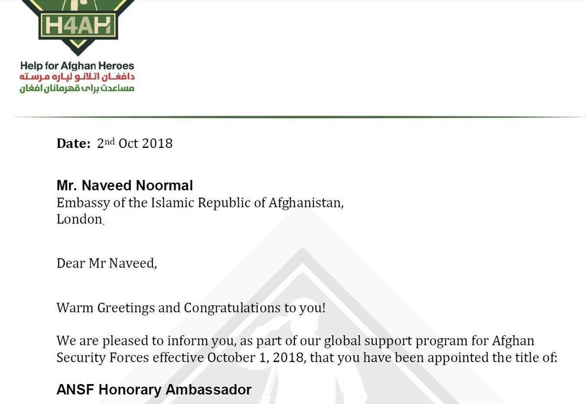 I am honored to receive letter of accreditation from @Help4AfgHeroes entitling me as #Honorary #Ambassador for our proud #Afghan National Security Forces #ANDSF . Supporting our soldiers&their families is our mission and we will need your support to fuflfil this sacred duty.