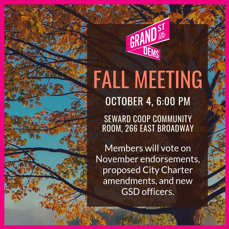 GrandStreetDems's tweet photo. Our Fall Meeting is TONIGHT, Oct 4 @ 6pm! All are welcome. Members will vote on Nov endorsements, City Charter Amendment issues &amp; new officers. #GSDFallMtg https://t.co/xLQE8CO5sT