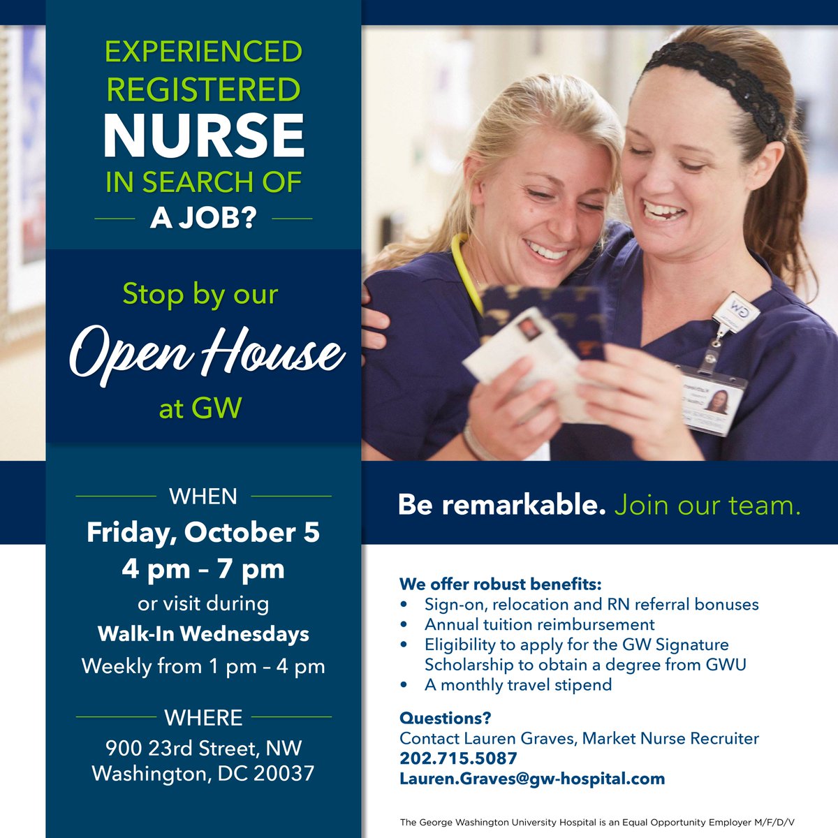 GWHospital's tweet photo. Join us for our RN Open House tomorrow, October 5 from 4-7pm! Interview on the spot and discover what it's like to be a part of a team that's #DefiningMedicine. Learn more at https://t.co/eHnVpfqFXJ. https://t.co/KMFpIeB8Y4