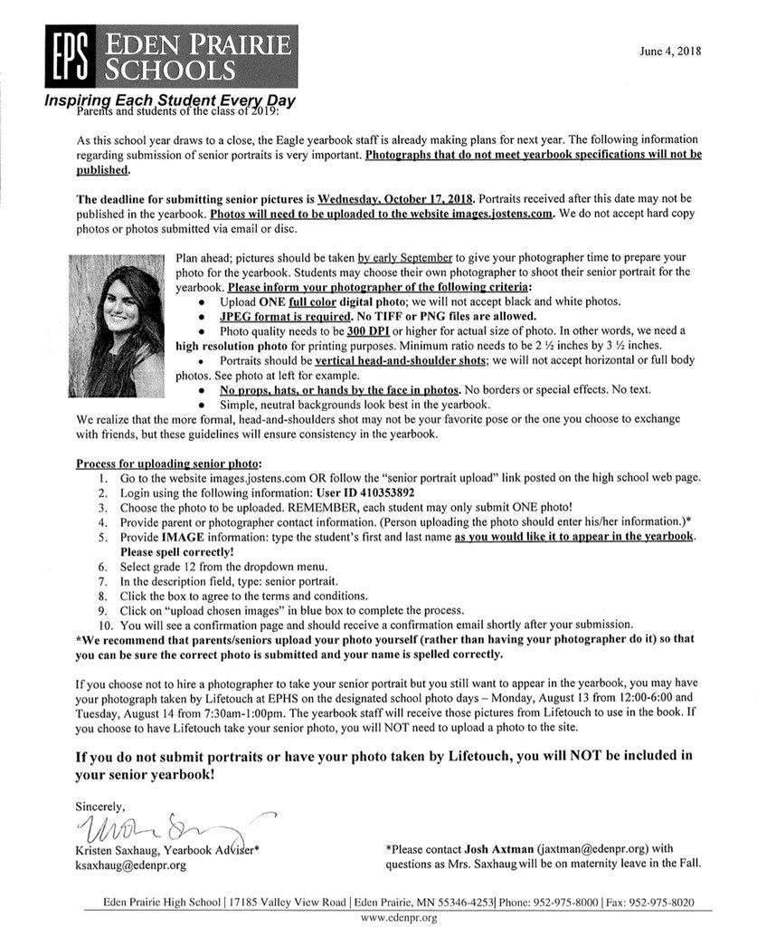 ‼️SENIORS‼️ make sure to submit your senior photos by October 17th. For more information on how to submit check out the Eden Prairie High School website. You can find all the information under activities and then publications