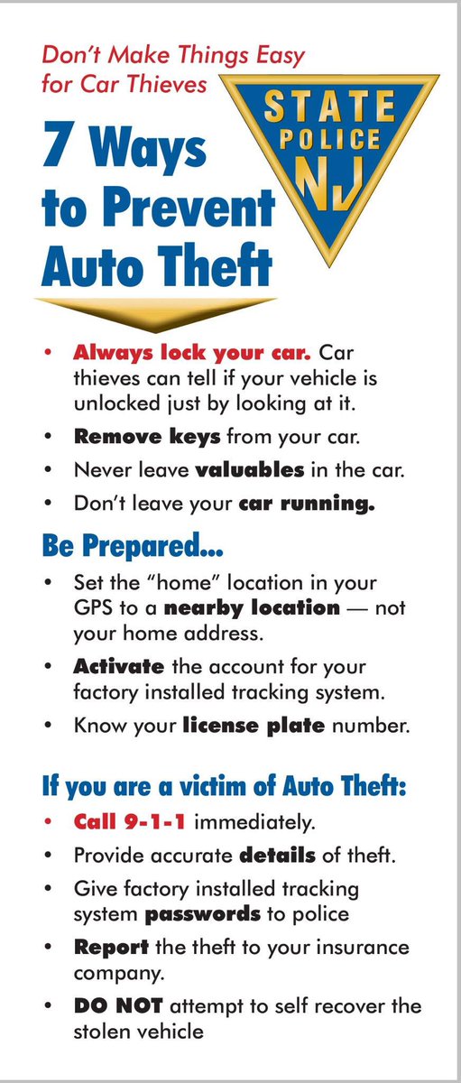 NJSP's tweet photo. Washington Station troopers are investigating several incidents in Warren County related to car keys being left inside unlocked vehicles overnight. It’s not a good idea. #ThursdayThoughts Here are some tips, https://t.co/xuEHgnrbQ3 https://t.co/VUdriTmbzm