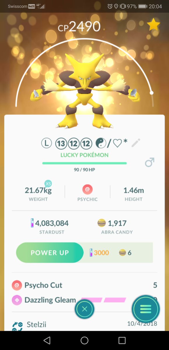 ZzRamonLPzZ's tweet image. I got a #legacymove #Alakazam! 😍

PL: 32
IV: 82.2%
"Lucky"
Ⓛ ⑬⑫⑫ ☯/♡*

Fast Move:
Psycho Cut (5)
Charge Move:
Dazzling Gleam (100) ✝

Cost to reach Lvl. 40:
162 Candy, 64'000 Stardust

... and this Alakazam will be pushed to Lvl. 40, for sure! 

Thx to Stelzii

#PokemonGO