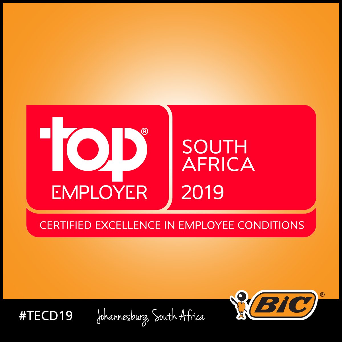 We are proud to announce that BIC is a Top Employer 2019! At BIC, we’re dedicated to provide the very best working environment for our employees. #TECD19 #TopEmployer #TeamBICSA #HR #Africa #FutureofWork @TopEmployersAF