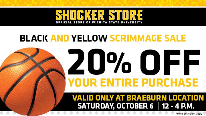 wsu_rsc's tweet photo. The Shocker Store is holding a special sale at the Braeburn Square store in honor of the Shocker Basketball Black and Yellow Scrimmage!

On Saturday from 12:00 p.m. - 4:00 p.m. only, take 20% off your entire purchase! Only at the Braeburn Square store! https://t.co/6OQpg9otBb