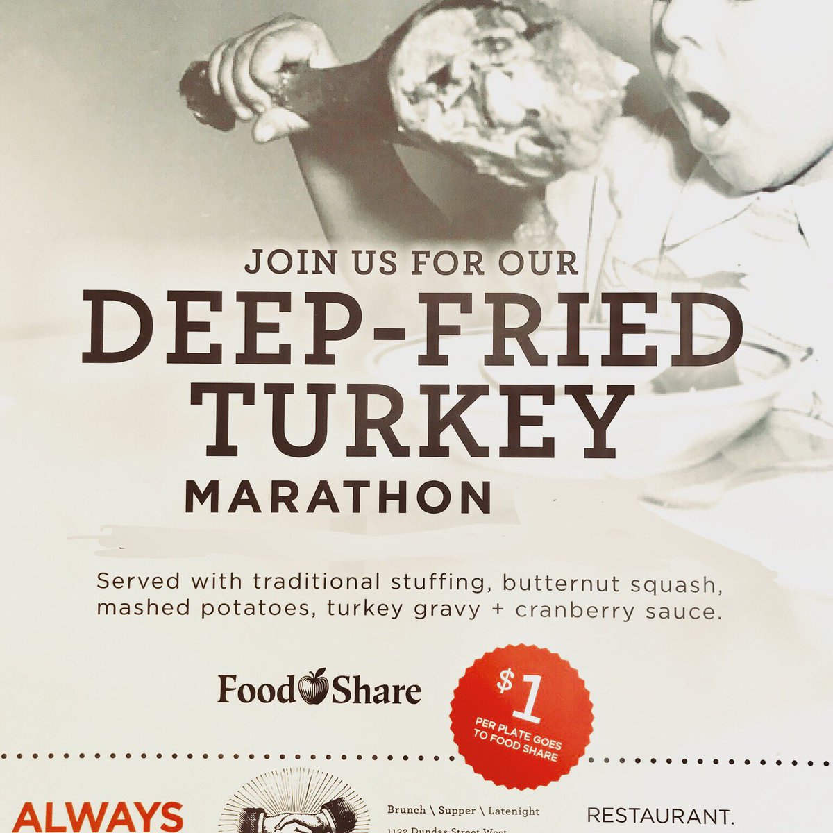 It’s a marathon! Deep fried turkeys from Saturday October 6th at 11am to Monday October 8th at 11pm! That’s 60 straight hours of turkey madness! #turkeymadness #alwaysopen