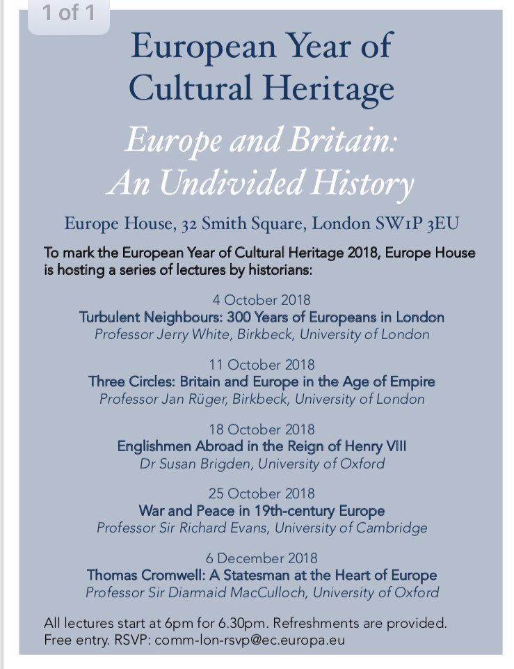 Great series of lectures at Europe House for the European Year of Cultural Heritage featuring <a href="/BirkbeckHCA/">School of Historical Studies, Birkbeck</a> historians and visiting professors, amongst others #twitterstorians #europe