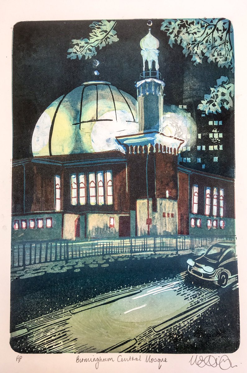 Mike_Printmaker's tweet photo. My latest print in the #100viewsofbirmingham series is this nighttime view of Birmingham Central Mosque. It is created with mono print and Lino cut built up in layers. The edition numbers only 30 prints. #birminghamcentralmosque https://t.co/W4MWwRO3nG