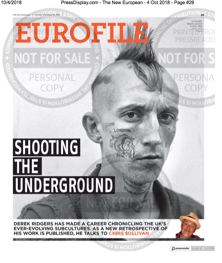 And now for the best piece on <a href="/derekridgers/">Derek Ridgers</a> by our mutual friend <a href="/CJPSULLIVAN/">CHRIS SULLIVAN</a> in the New European. Only six pages Chris? Pull your socks up mun... curated by <a href="/_fayedowling/">Faye Dowling</a> in book and show form <a href="/trumanbrewery/">The Truman Brewery</a> opening tonight until Sunday 7 Oct