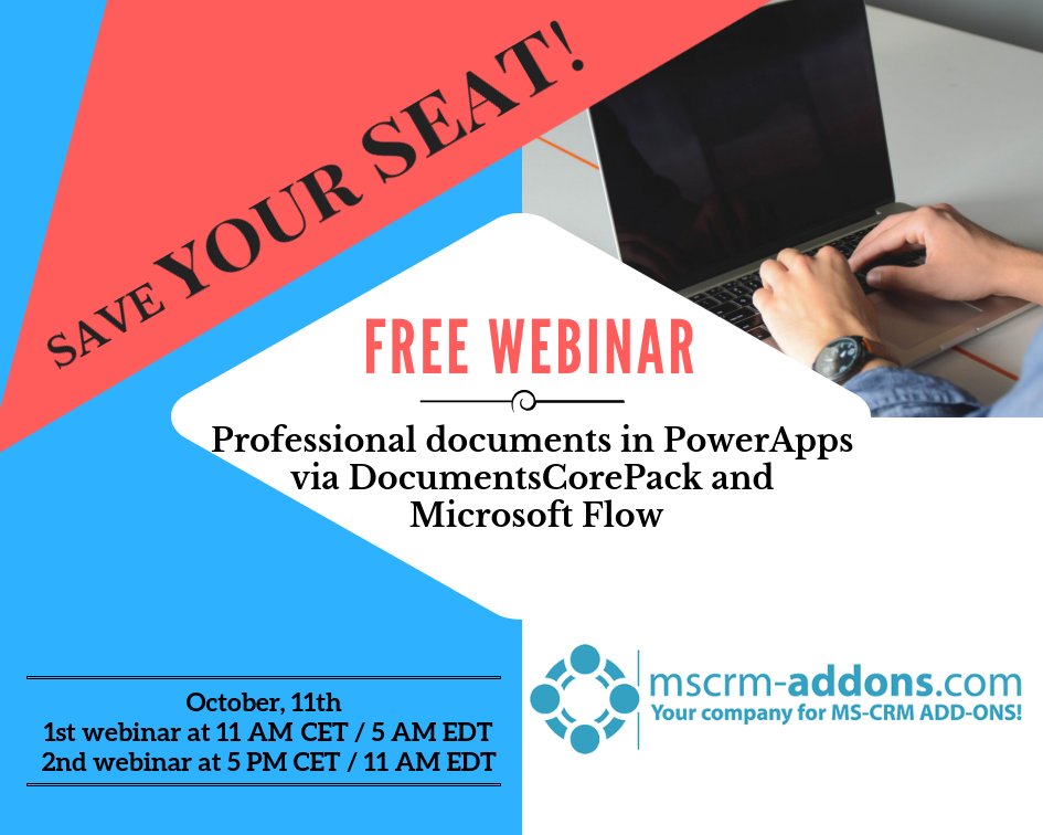 mscrmaddons's tweet photo. Join our #free webinar about how to use #DocumentsCorePack within the new #Microsoft #PowerApps &amp; Microsoft Flow. 
Register here for one of the two times: 
- 1st webinar 11AM CEST/5 AM EDT: https://t.co/Dgn3TitYXj
- 2nd webinar 5 PM CEST/11 AM EDT: https://t.co/WpuUABSS65 https://t.co/l22M0raWLH