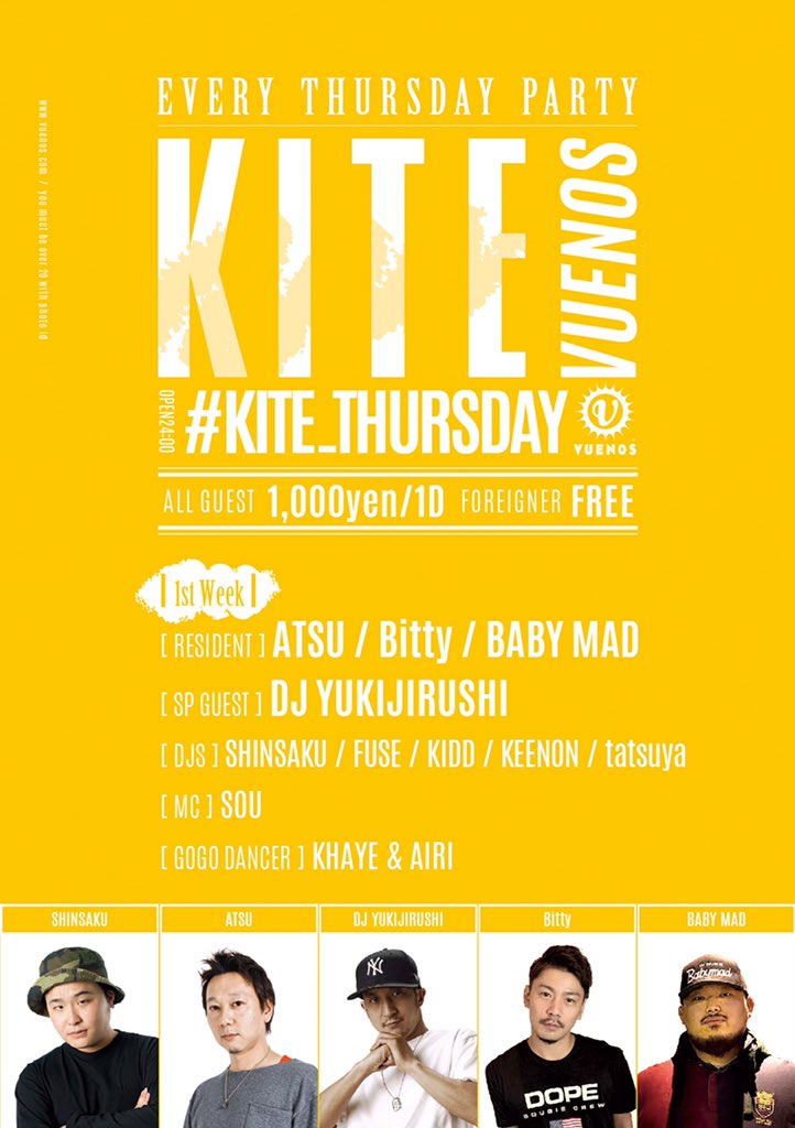 soshiroo's tweet photo. 毎週木曜 #KITE_THURSDAY @VUENOS_CLUB OPEN🙌
今夜も、是非早めの時間から遊びに来てください🙆
GUEST DJには、DJ YUKIJIRUSHIさん登場です！ https://t.co/S9zgOt9luW