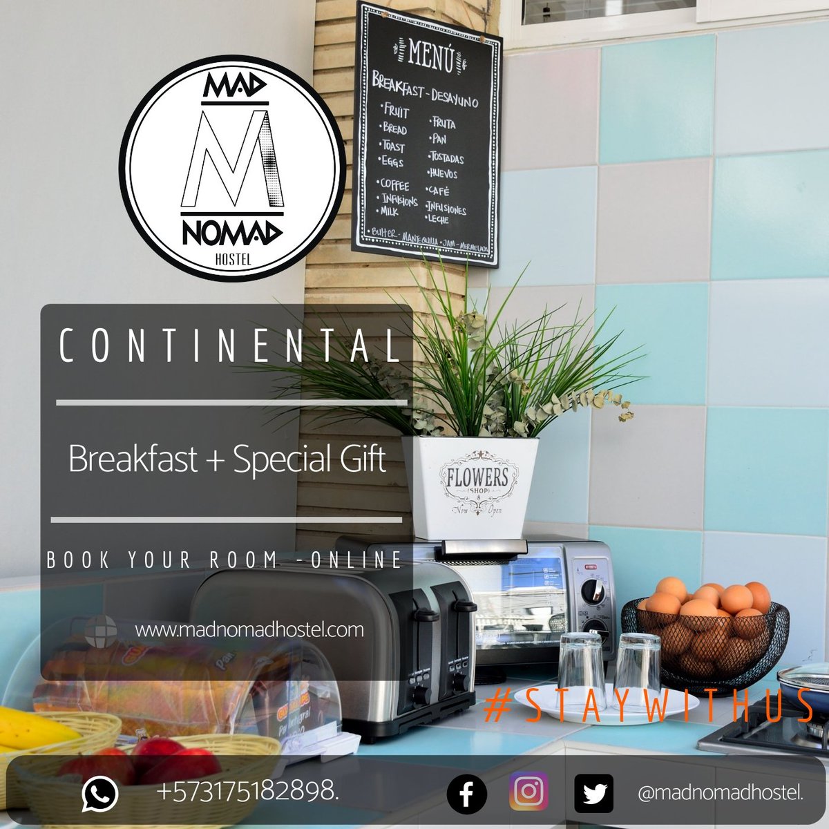 madnomadhostel's tweet photo. Continental breakfast with a special gift are included in our rate. ¡Book now! ➡️ https://t.co/aaRto7cn9k #backpackers #madnomadhostel #hostelboutique #nomadlife #Bogota #breakfast #zonarosa #zonat https://t.co/cdV3C1S6mj
