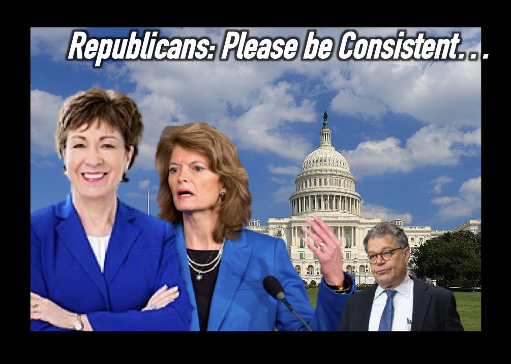 SKEPTICAL_VOTER's tweet photo. All #Republican #Senators, including #Murkowski &amp; #Collins who called for #AlFranken's resignation following his sexual improprieties problems, must now be consistent regarding #Kavanaugh

#Grassly &amp; #Hatch, who railed against #Clinton for lying about a BJ must vote w/o hypocrisy https://t.co/EoAkp3rRyP