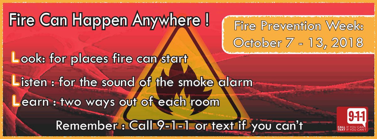GHC911's tweet photo. Fire Prevention Week is here! Fire can happen anywhere.
Remember to call 9-1-1 or text to 9-1-1 if is available in your area in case of a fire or any life threatening emergency.
.@Sparky_Fire_Dog.@NFPA
#fireprevention #911help #emergency #fire #thinksmart https://t.co/98h5ipnpf7