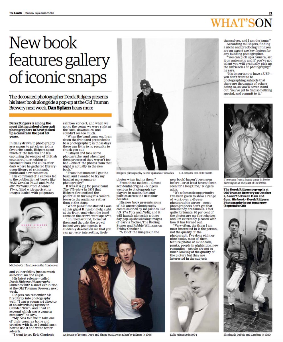 Cracking interview with troubadour photographer <a href="/derekridgers/">Derek Ridgers</a> on his book and show on subcultures, pop icons and superstars curated <a href="/_fayedowling/">Faye Dowling</a> in association with ARTBLOCK. He'll be signing copies <a href="/trumanbrewery/">The Truman Brewery</a> until Sunday. Here he in in Hackney &amp; islington gazette