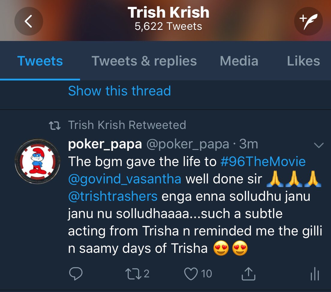 poker_papa's tweet photo. That fanboy moment when @trishtrashers retweets ur tweet #96TheMovie #96Review https://t.co/ULgTmzfCQF https://t.co/y0hSCoZcQg